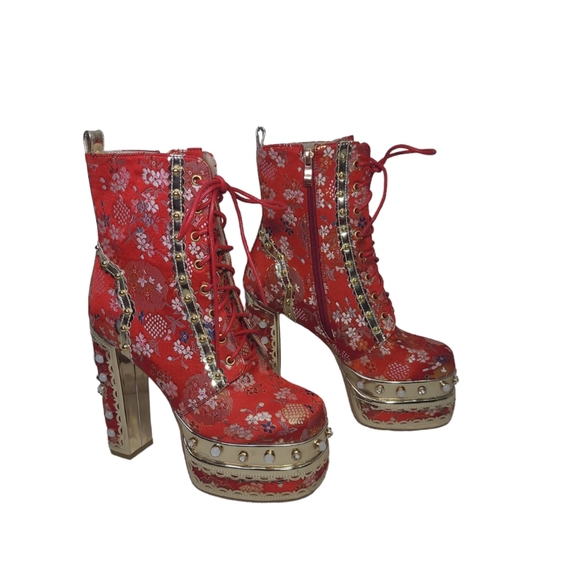 Womens Platform High Heels Square Toe Pearl Lace Strap Rivet Decor Boots 38(7.5) - Picture 2 of 13